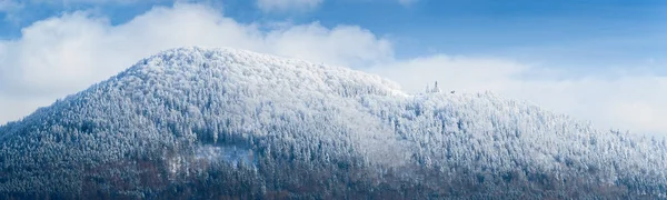 Paesaggio invernale polacco in montagna, alberi innevati con una chiesa in cima . — Foto Stock