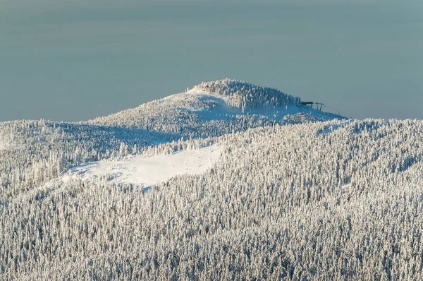 Paesaggio invernale polacco in montagna, alberi innevati e strade . — Foto Stock