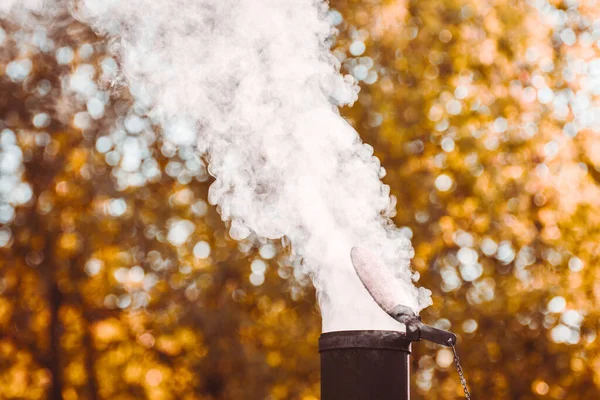 Λευκός Καπνός Βγαίνει Από Την Καμινάδα Στα Ηλιόλουστα Δέντρα Μια — Φωτογραφία Αρχείου