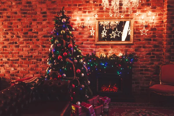 festively decorated home vintage interior with Christmas tree