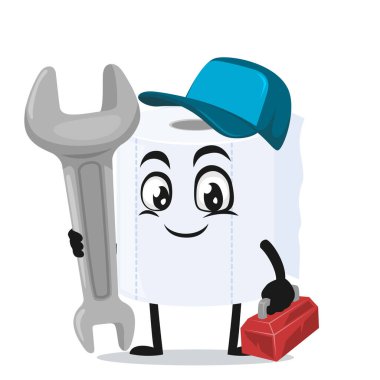 Servis kostümü giyen ve İngiliz anahtarı tutan rulo tuvalet kağıdı maskotu veya karakterinin vektör çizimi