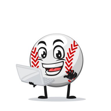 Dizüstü bilgisayarlı beyzbol karakteri veya maskot sunumunun vektör çizimi