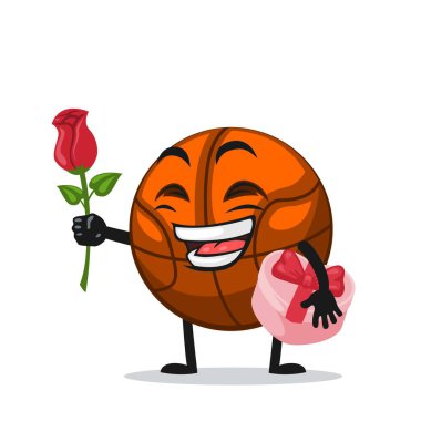 Sepet top maskotu veya karakterinin vektör illüstrasyonu Çiçek ver ve pembe hediyeyi tut