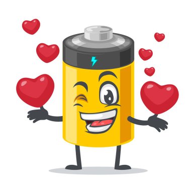 Batarya maskotu veya karakterinin vektör çizimi aşk sembolleri getiriyor