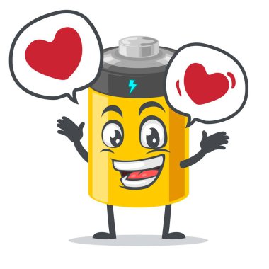 Batarya maskotu veya karakterinin vektör illüstrasyonuna göre balon konuşmasında aşk