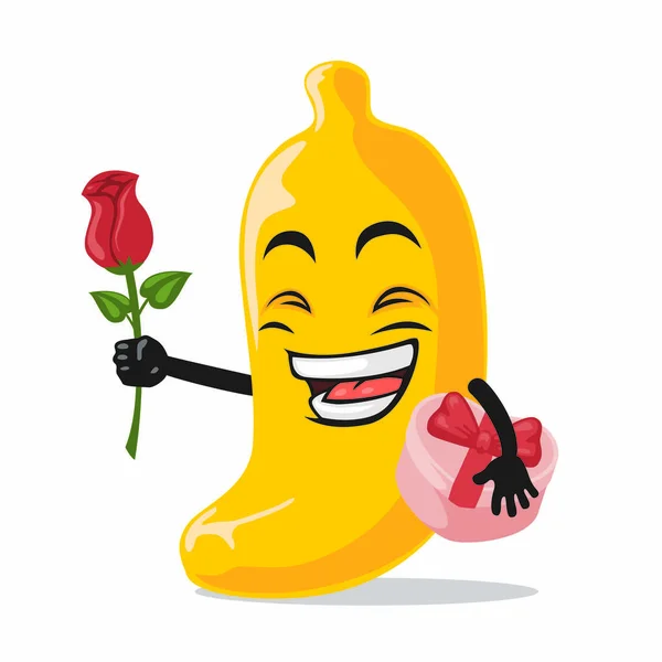 Διανυσματική Απεικόνιση Της Μασκότ Μπανάνα Χαρακτήρα Δώσει Λουλούδι Και Κρατώντας — Διανυσματικό Αρχείο