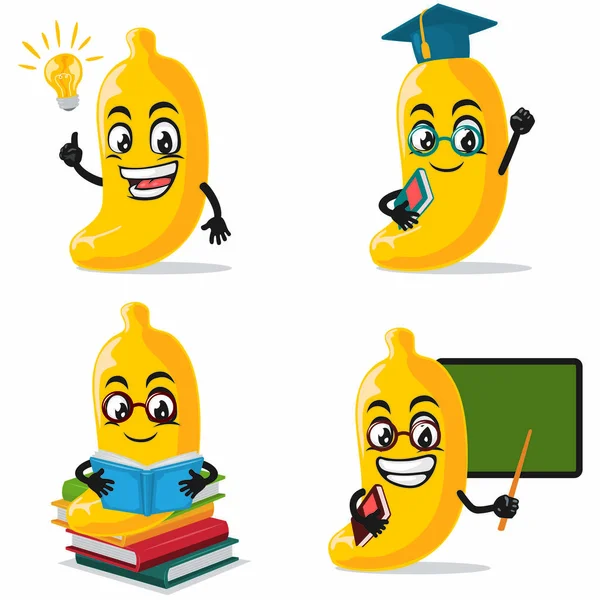Vector Ilustración Mascota Plátano Colección Personajes Conjunto Con Tema Educación — Vector de stock