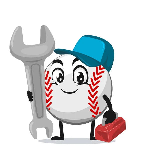 Vector Illustration Baseball Character Mascot Wearing Service Costume Holding Wrench — Stock Vector