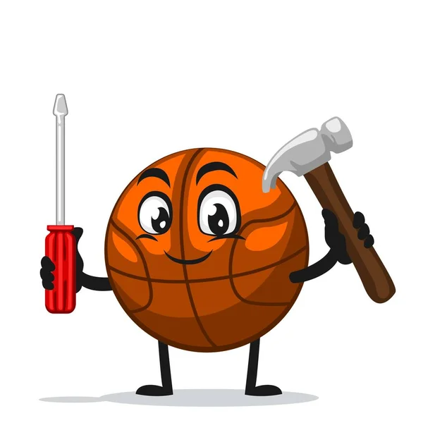 Vektorová Ilustrace Basketbalového Maskota Nebo Postavy Držící Kladivo Šroubovák — Stockový vektor