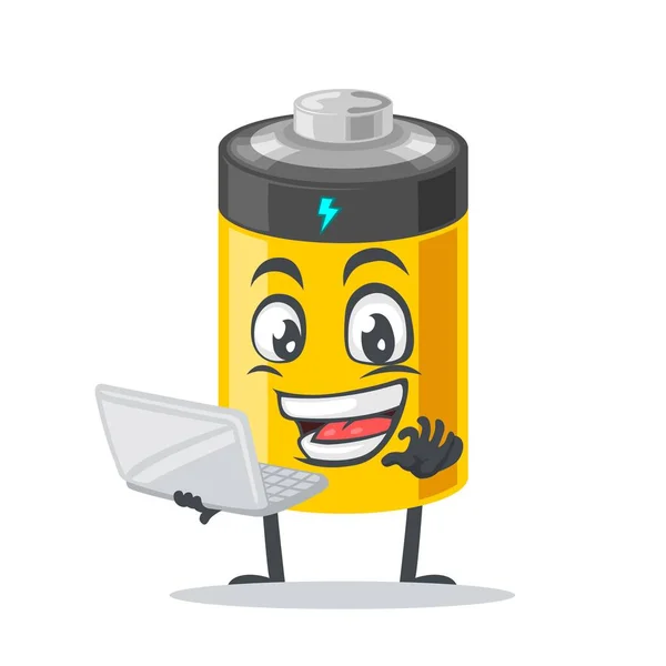 Ilustração Vetorial Mascote Bateria Apresentação Caracteres Com Laptop —  Vetores de Stock