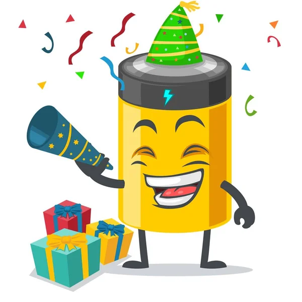 Ilustração Vetorial Mascote Bateria Personagem Comemorar Festa Ano Novo — Vetor de Stock