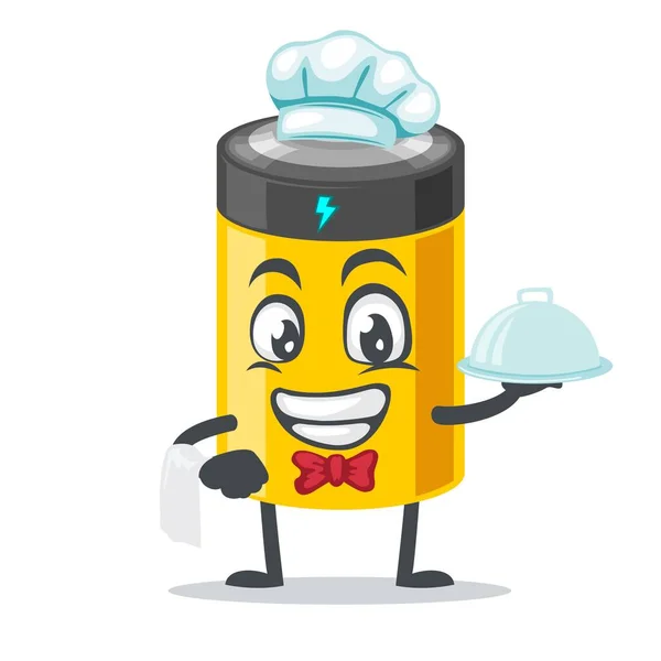 Ilustración Vectorial Mascota Batería Personaje Con Sombrero Chef Servir Comida — Vector de stock