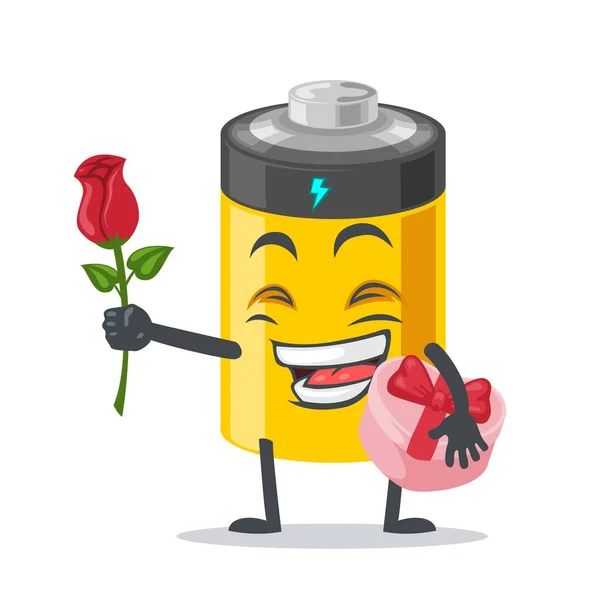 Vektor Illustration Batteri Maskot Eller Karaktär Ger Blomma Och Hålla — Stock vektor