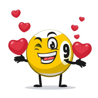 Bilardo topu karakteri veya maskotunun vektör çizimi aşk sembolleri getiriyor