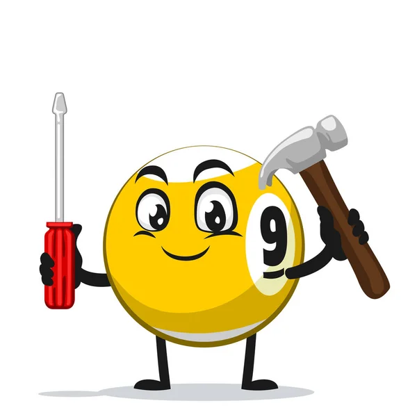 Vector Illustration Billiard Ball Character Mascot Holding Hammer Screwdriver — Stock Vector