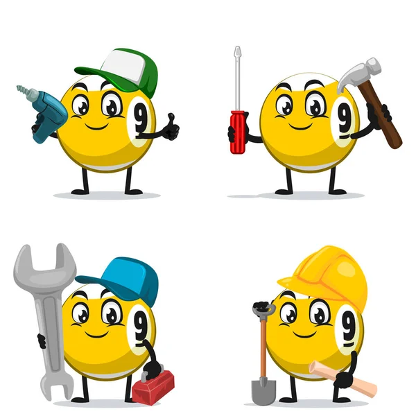 Vector Illustration Billiard Ball Character Mascot Collection Set Service Repair — Stock Vector