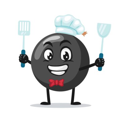 Şef şapkası takan ve elinde spatula tutan maskotun bomba karakterinin vektör çizimi