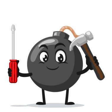 Çekiç ve tornavida tutan maskotun bomba karakterinin vektör çizimi