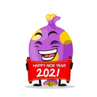 Kırmızı parşömen taşıyan şeker maskotu veya karakterin vektör çizimi ve mutlu yıllar.