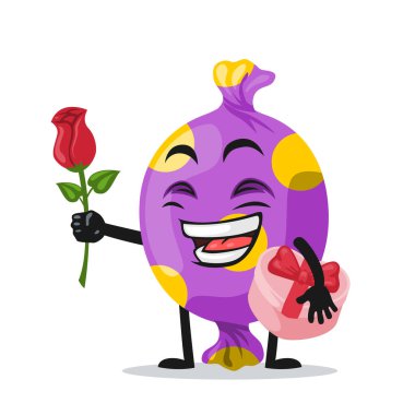 Şeker maskotu veya karakterin vektör illüstrasyonu Çiçek ver ve pembe hediye tut