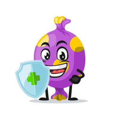 Şekerleme maskotunun vektör illüstrasyonu veya koruma için kalkan tutma