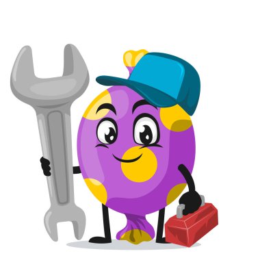 Servis kostümü giyen ve ingiliz anahtarı tutan şeker maskotu veya karakterin vektör çizimi