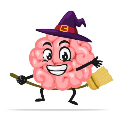 Cadı kostümü giyen ve uçan süpürgeye binen beyin maskotu veya karakterinin vektör çizimi