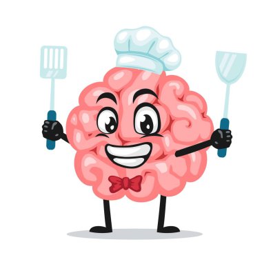 Şef şapkası takan ve elinde spatula tutan beyin maskotu veya karakterinin vektör çizimi