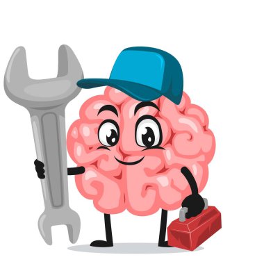 Servis kostümü giyen ve ingiliz anahtarı tutan beyin maskotu veya karakterinin vektör çizimi