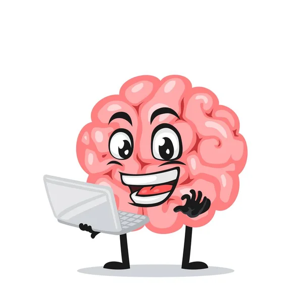 Ilustración Vectorial Mascota Del Cerebro Presentación Del Personaje Con Computadora — Vector de stock