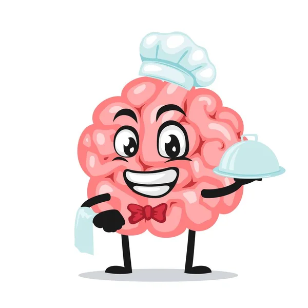 Vector Illustration Brain Mascot Character Wearing Chef Hat Serve Food — Stock Vector