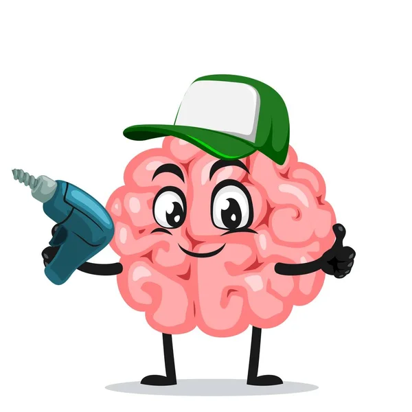 Vector Illustration Brain Mascot Character Holding Hand Drill — Stock Vector