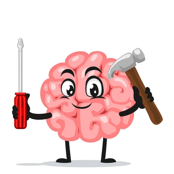 Ilustración Vectorial Mascota Del Cerebro Del Carácter Que Sostiene Martillo — Vector de stock