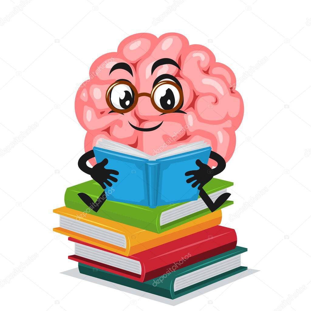 Vector illustration of brain mascot or character reading book