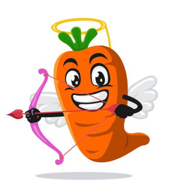 Aşk tanrısı kostümü giyen ve elinde yay tutan havuç maskotu veya karakterin vektör çizimi