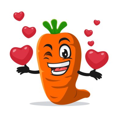 Havuç maskotu veya karakterin vektör çizimi aşk sembolleri getirir