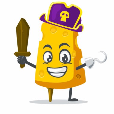 Korsan kostümü giyen ve tahta kılıç tutan peynir karakterinin veya maskotun vektör çizimi