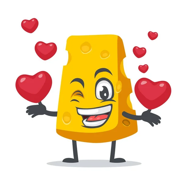 Peynir Karakteri Veya Maskotun Vektör Çizimi Aşk Sembolleri Getiriyor — Stok Vektör