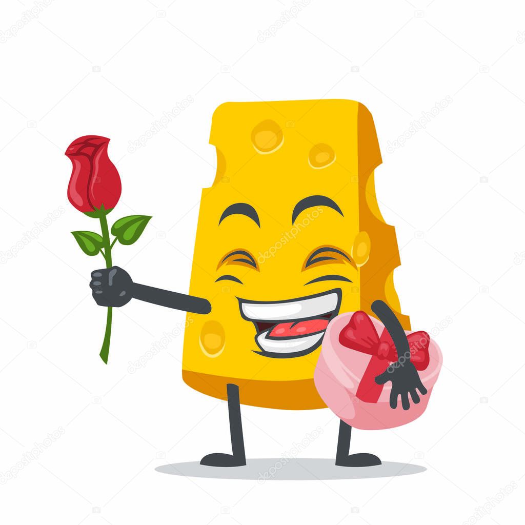 vector illustration of cheese character or mascot give flower and holding pink gift
