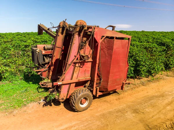 Machine in the field harvesting coffee in the plantation of Brazil.