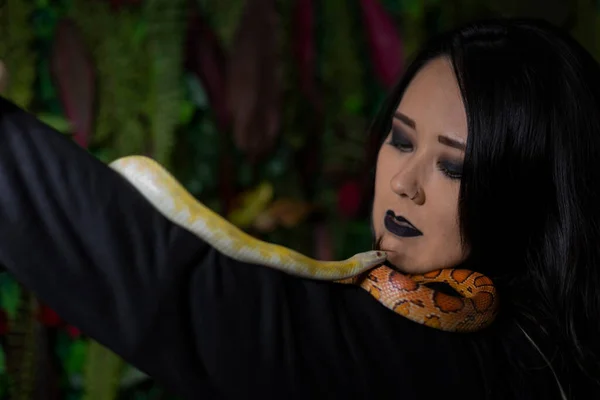 Modelo Japonés Ensayo Con Serpiente Estudio Fotográfico — Foto de Stock