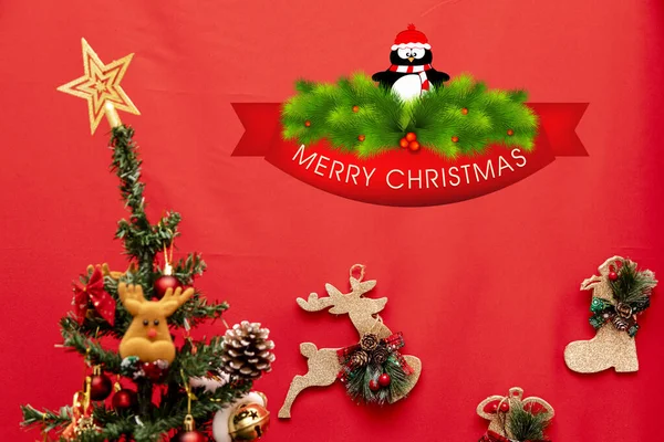 Decorated Christmas Tree Red Background — Stock Photo, Image