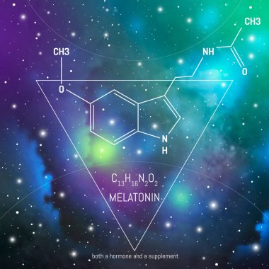 Melatonin hormonu molekülü ve formülü kozmik arkaplanın önünde. Uzayda vücut kimyası bilgisi. Circadian ritim ilacı..