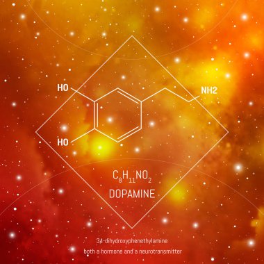 Kozmik arkaplan önünde dopamin nöro iletici molekül ve formül. Uzayda beyin kimyası bilgisi.