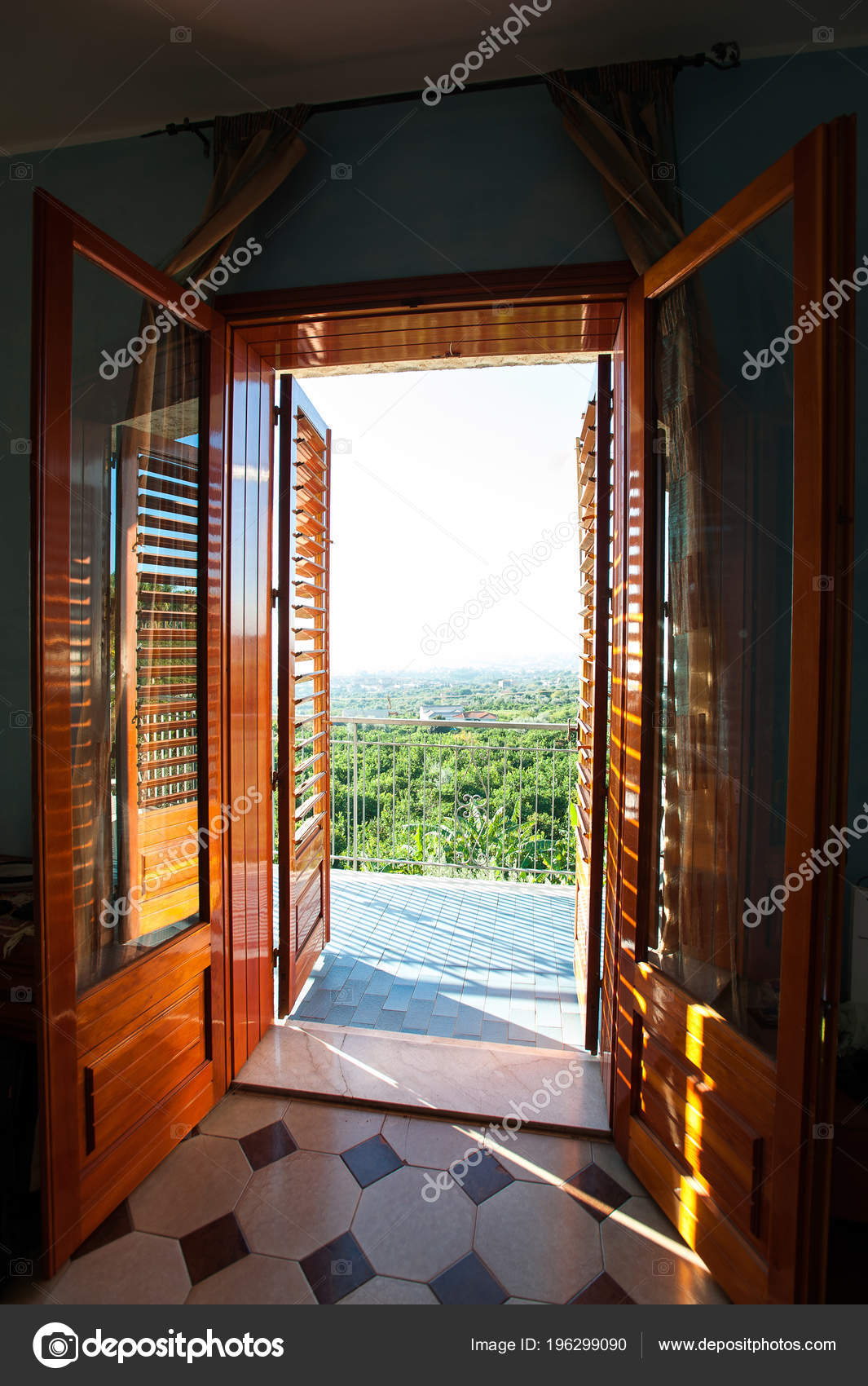 Opened Brown Wooden Shutters Balcony Window Spectacular View