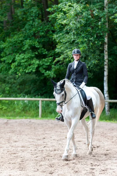 Teenage Girl Equestrian Dress Uniform Riding Horseback Arena Show Competition — Stock Photo, Image