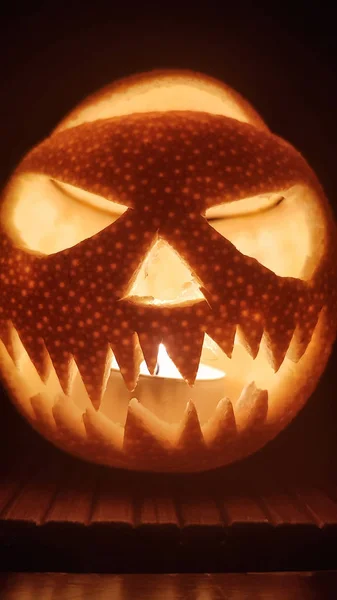 Sourire Effrayant Citrouille Halloween Fait Main Pour Soirée Sur Fond — Photo
