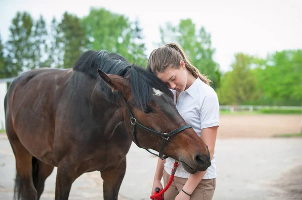 Chestnut Horse Together Her Favorite Owner Young Teenage Girl Colored — Stock Photo, Image