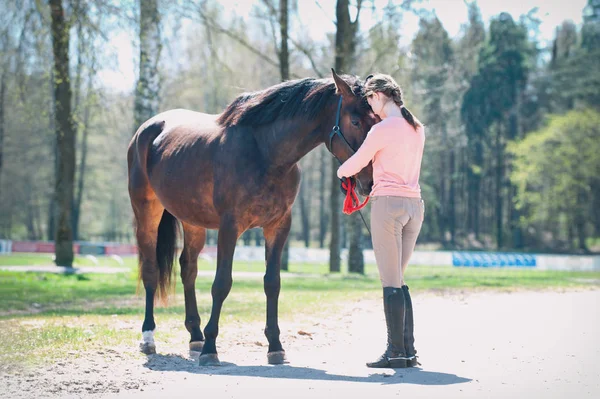 代の少女所有者が彼女のお気に入りの栗の馬を抱き締めます フィルターと色屋外水平春イメージ — ストック写真