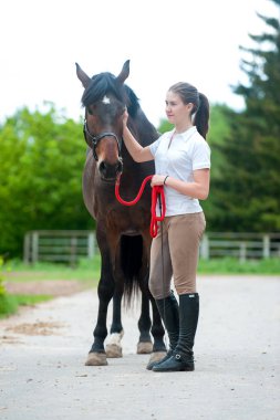 Genç genç kız şefkatle en sevdiği kestane atı dokunmadan